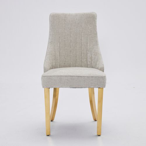 Lot De 2 Chaise 64x50x95,5 Cm, Dossier Haut, Structure Triple Élastique, Chenille Beige, Pieds Doré