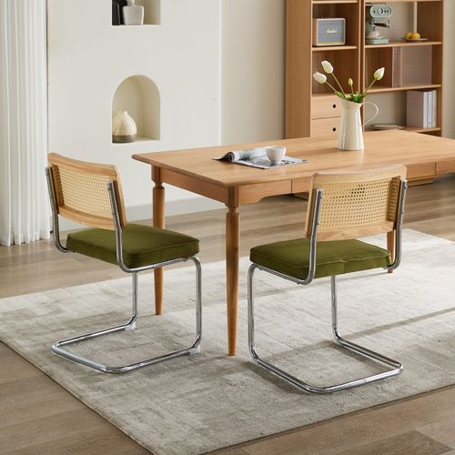 Lot De 2 Chaises Cantilever 59x47x81 Cm, Dossier En Rotin , Aspect Artistique, Velours Vert Olive