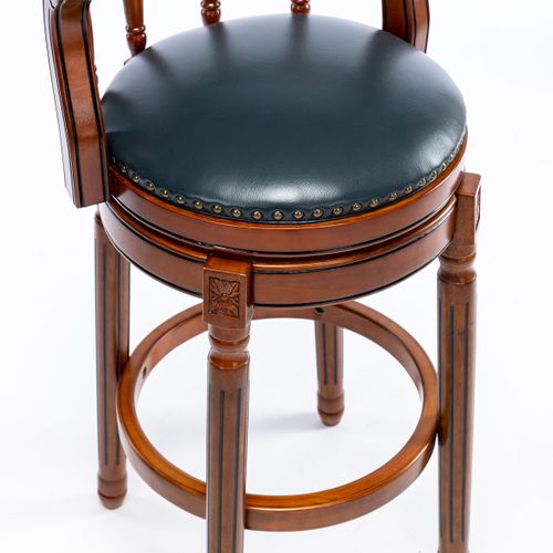 Tabouret De Bar Pivotant, Hauteur Assise 75 Cm, Dossier Confortable, Cuir Véritable, Bois, Bleu+brun