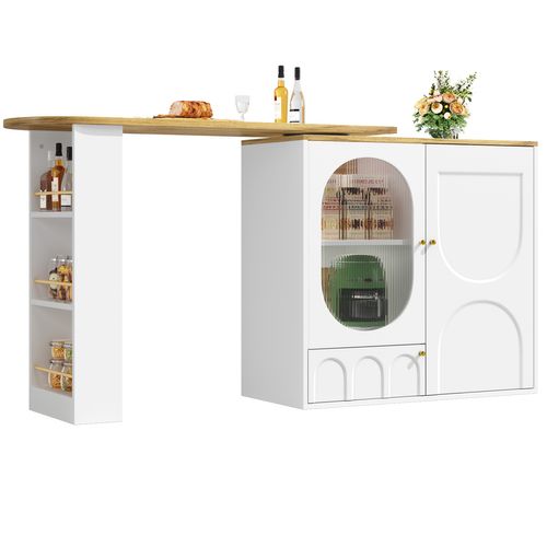 Table De Bar Extensible 138/204x39x105 Cm, Plateau Tournant 360, 3 Niches, Mdf Et Métal, Blanc+bois
