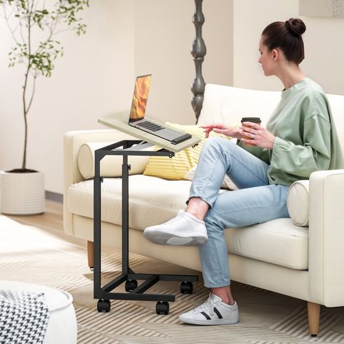 Table D'appoint En C 55x36 Cm, Hauteur Réglable 62,5-82,5 Cm, Plateau Inclinable, Bois, Noir+bois