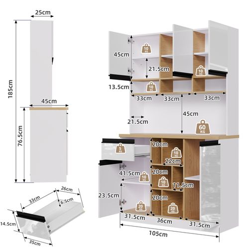 Buffet De Cuisine 105x45x185 Cm, Portes Blanc Brillant, Rangement Modulable, Poignées Noires, Mdf