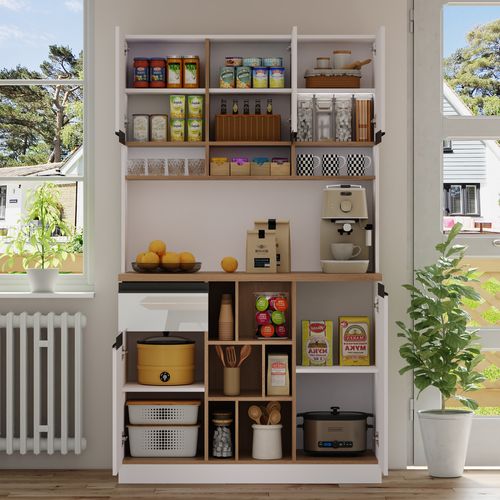 Buffet De Cuisine 105x45x185 Cm, Portes Blanc Brillant, Rangement Modulable, Poignées Noires, Mdf