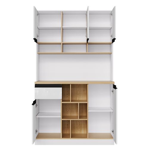 Buffet De Cuisine 105x45x185 Cm, Portes Blanc Brillant, Rangement Modulable, Poignées Noires, Mdf