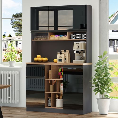 Buffet Haut De Cuisine 105x45x185 Cm, Rangement Modulable, 9 Niche, 5 Portes, Tiroir, Mdf, Noir+bois
