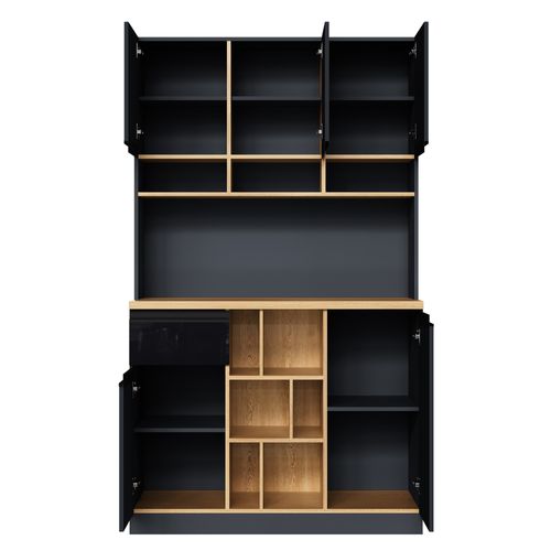 Buffet Haut De Cuisine 105x45x185 Cm, Rangement Modulable, 9 Niche, 5 Portes, Tiroir, Mdf, Noir+bois