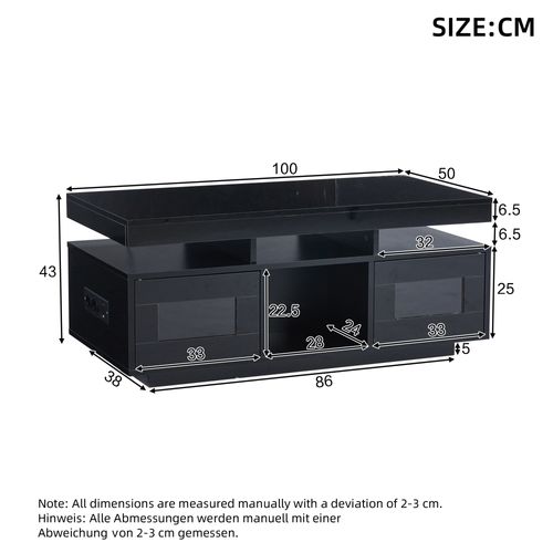 Table Basse 100x50x43 Cm, LED Pilotées Par Appli, Prise Et USB, 2 Porte, Panneau De Particules, Noir