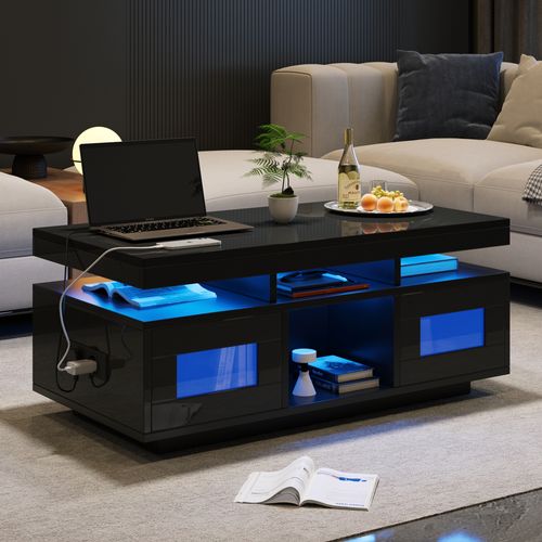 Table Basse 100x50x43 Cm, LED Pilotées Par Appli, Prise Et USB, 2 Porte, Panneau De Particules, Noir