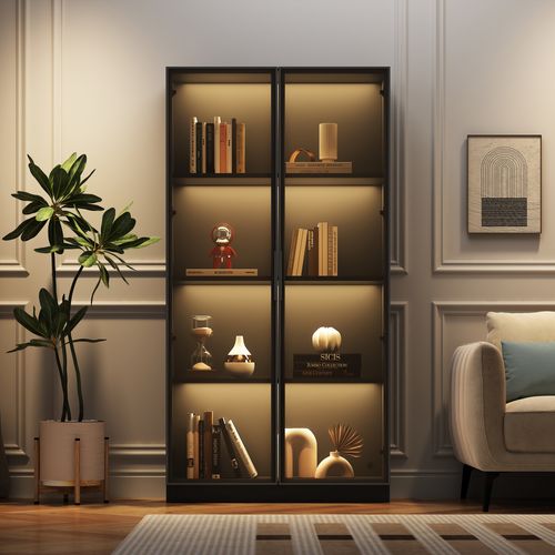 Vitrine 80x40x160 Cm, LED Pilotable Par Application, Pb, 2 Portes En Verre, Cadre Aluminium, Noir