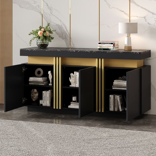 Buffet 140x38x70 Cm Avec Motif De Marbre, 3 Portes, Rangement, Panneaux De Particules, Noir