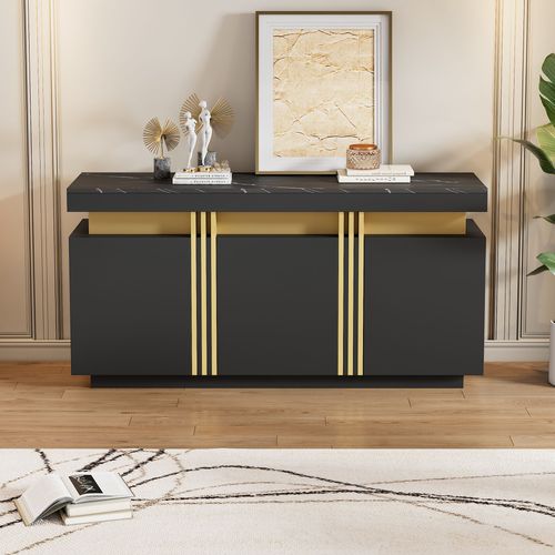 Buffet 140x38x70 Cm Avec Motif De Marbre, 3 Portes, Rangement, Panneaux De Particules, Noir