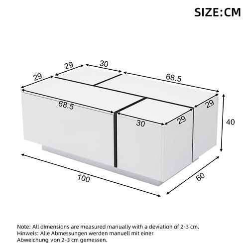 Table Basse Moderne 100x60x40 Cm, 4 Tiroirs, Rangement, Panneaux De Particules, Blanc Et Noir