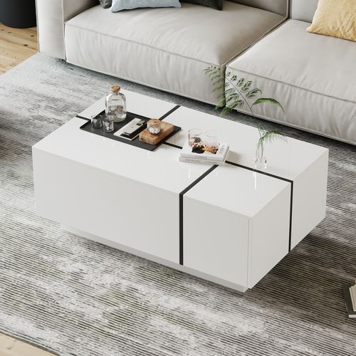 Table Basse Moderne 100x60x40 Cm, 4 Tiroirs, Rangement, Panneaux De Particules, Blanc Et Noir