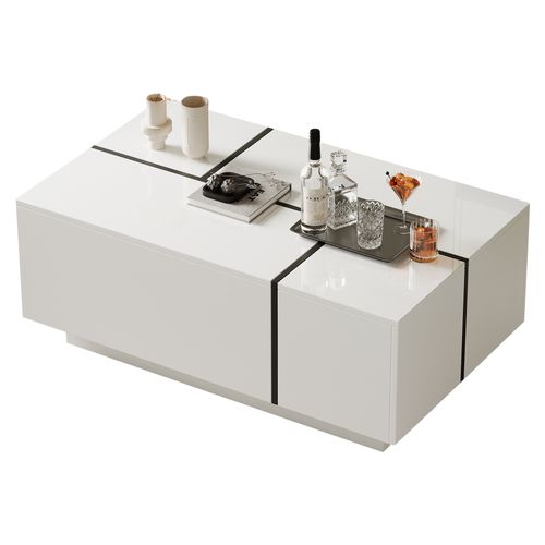 Table Basse Moderne 100x60x40 Cm, 4 Tiroirs, Rangement, Panneaux De Particules, Blanc Et Noir