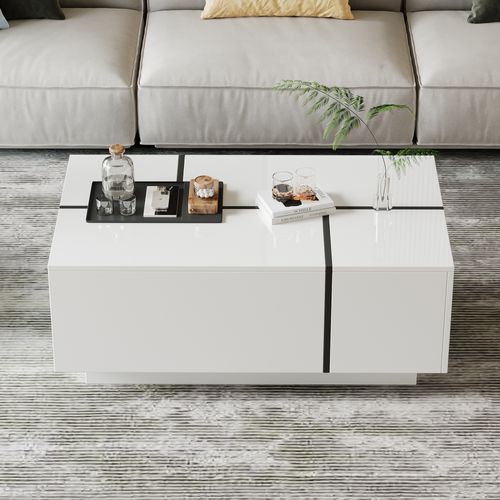 Table Basse Moderne 100x60x40 Cm, 4 Tiroirs, Rangement, Panneaux De Particules, Blanc Et Noir
