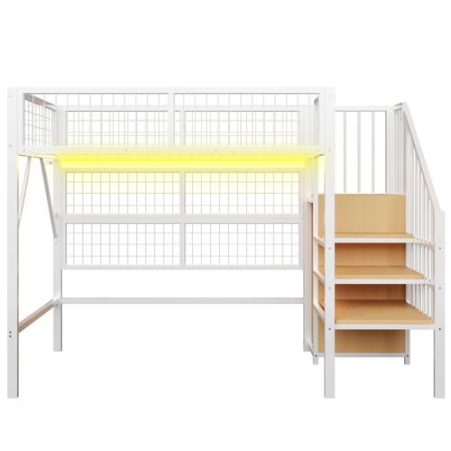 Lit Mezzanine 90x200 Cm, Lit Simple, Escalier Avec Rangement Et Armoire, LED, Mdf, Métal, Blanc
