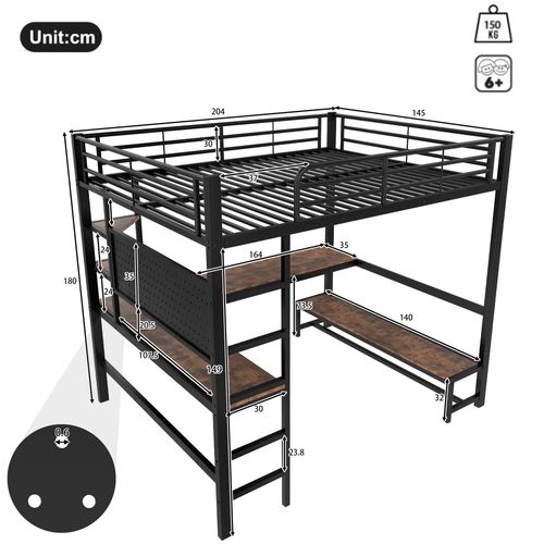 Lit Mezzanine 140x200 Cm, Lit Double Avec Bureau Et Rangement, LED, Prise USB, Métal, Mdf, Noir