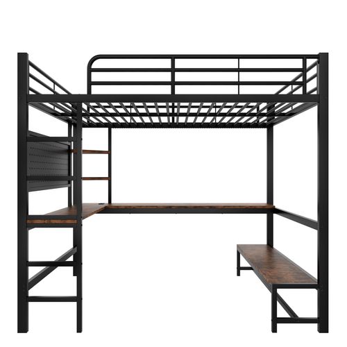 Lit Mezzanine 140x200 Cm, Lit Double Avec Bureau Et Rangement, LED, Prise USB, Métal, Mdf, Noir