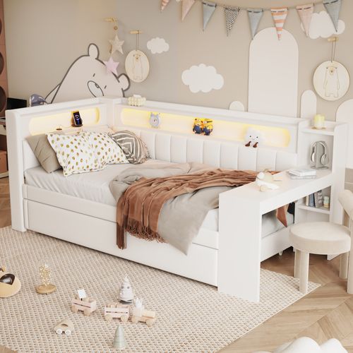 Lit Gigogne 90x200cm, LED Multicolore, USB, Bureau, Compartiments De Rangement, Mdf, Blanc