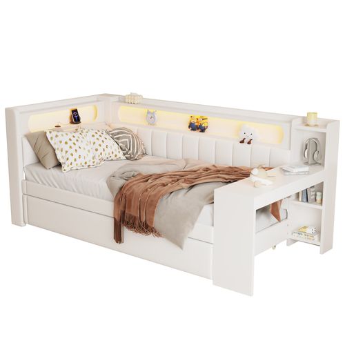 Lit Gigogne 90x200cm, LED Multicolore, USB, Bureau, Compartiments De Rangement, Mdf, Blanc