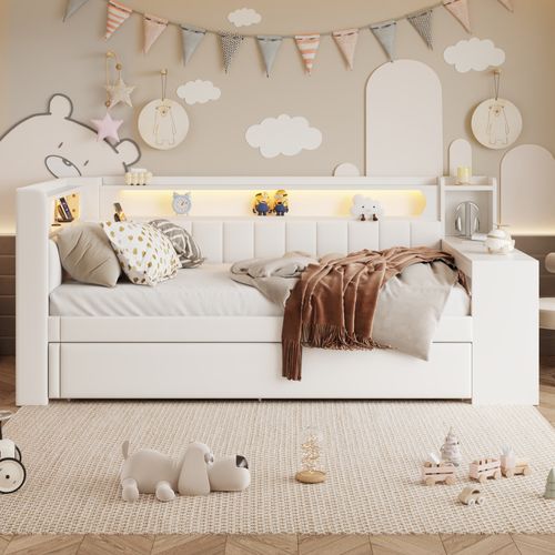 Lit Gigogne 90x200cm, LED Multicolore, USB, Bureau, Compartiments De Rangement, Mdf, Blanc