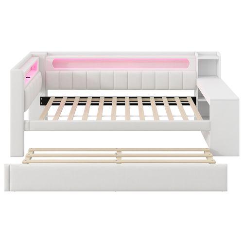 Lit Gigogne 90x200cm, LED Multicolore, USB, Bureau, Compartiments De Rangement, Mdf, Blanc