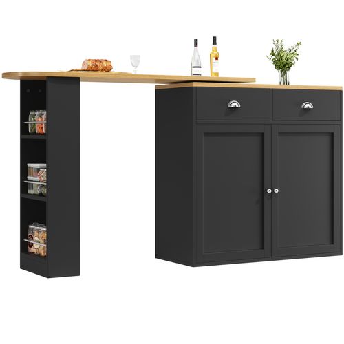 Table De Bar Rotatif 360, 138-203x39x105 Cm, Extensible, 2 Tiroirs, Étagères, Mdf, Noir+bois