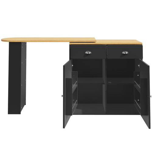 Table De Bar Rotatif 360, 138-203x39x105 Cm, Extensible, 2 Tiroirs, Étagères, Mdf, Noir+bois