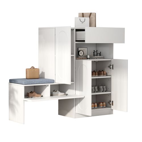 Meuble à Chaussures 130x35x110 Cm, Banc Intégré Avec Assise Amovible, Panneau De Particules, Blanc