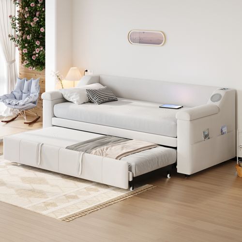 Canapé-lit 90/180x190 Cm, Lit Gigogne, Système Stéréo Bluetooth, Port USB, 4 Poches, Velours Beige