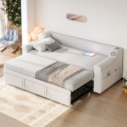 Canapé-lit 90/180x190 Cm, Lit Gigogne, Système Stéréo Bluetooth, Port USB, 4 Poches, Velours Beige