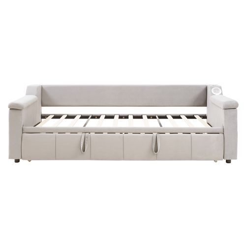 Canapé-lit 90/180x190 Cm, Lit Gigogne, Système Stéréo Bluetooth, Port USB, 4 Poches, Velours Beige