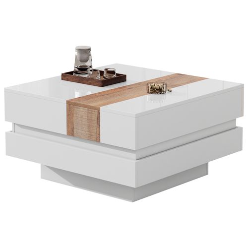 Table Basse Extensible 70x70x39 Cm Avec Rangement Caché, Motif Bois, Panneaux De Particules, Blanc