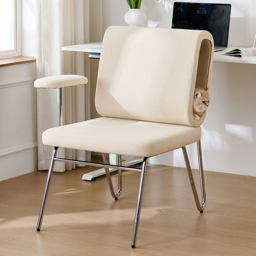 Fauteuil De Bureau 77x70x89 Cm, Niche Pour Chat Intégrée, Tissu, Acier Et Bois, Beige