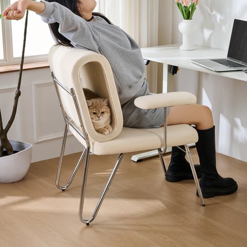 Fauteuil De Bureau 77x70x89 Cm, Niche Pour Chat Intégrée, Tissu, Acier Et Bois, Beige