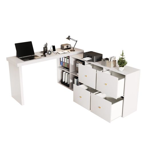 Bureau Modulable 120/140x48x78 Cm, Plateau Pivotant 360 Degrés, 4 Niches, 4 Tiroirs, Mdf, Blanc