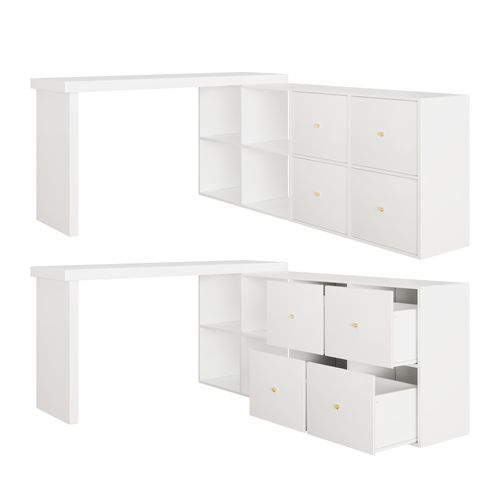 Bureau Modulable 120/140x48x78 Cm, Plateau Pivotant 360 Degrés, 4 Niches, 4 Tiroirs, Mdf, Blanc