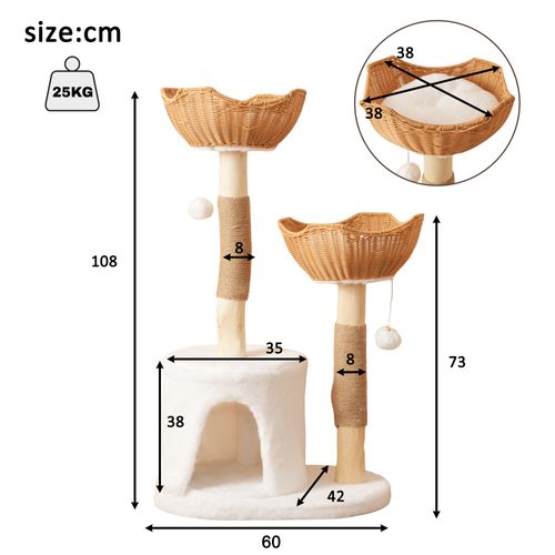Arbre à Chat 60x42x108 Cm, 2 Paniers Et 1 Niche Ouvert, Bois, Sisal, Couleur Blanc+bois