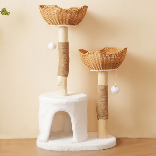 Arbre à Chat 60x42x108 Cm, 2 Paniers Et 1 Niche Ouvert, Bois, Sisal, Couleur Blanc+bois