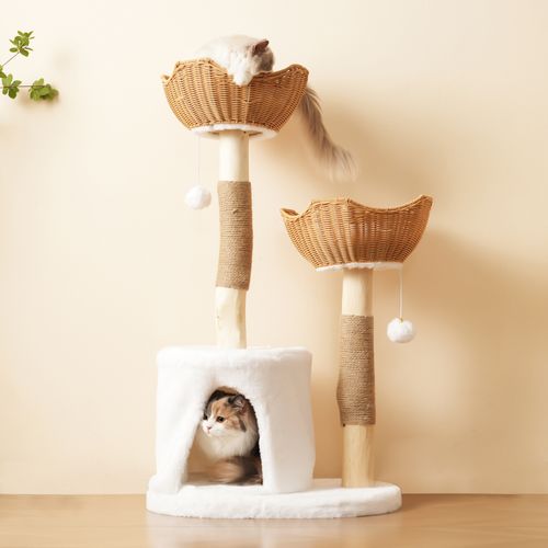 Arbre à Chat 60x42x108 Cm, 2 Paniers Et 1 Niche Ouvert, Bois, Sisal, Couleur Blanc+bois