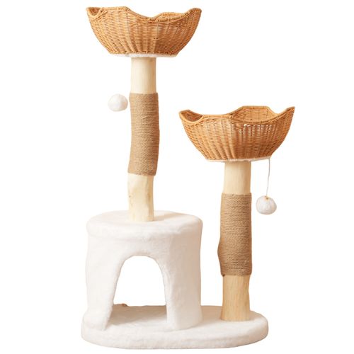Arbre à Chat 60x42x108 Cm, 2 Paniers Et 1 Niche Ouvert, Bois, Sisal, Couleur Blanc+bois