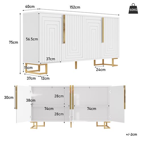 Buffet Bas 152x40x75 Cm, 4 Portes, Rangement 4 Compartiments, Mdf, Métal, Blanc+doré