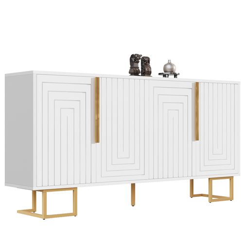 Buffet Bas 152x40x75 Cm, 4 Portes, Rangement 4 Compartiments, Mdf, Métal, Blanc+doré