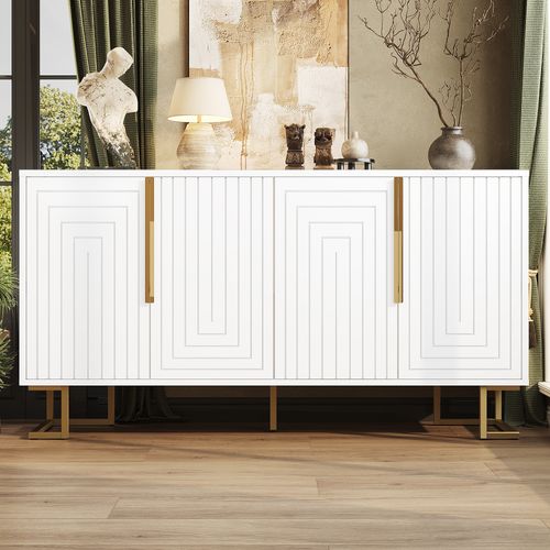 Buffet Bas 152x40x75 Cm, 4 Portes, Rangement 4 Compartiments, Mdf, Métal, Blanc+doré