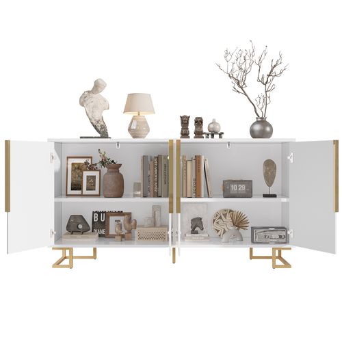 Buffet Bas 152x40x75 Cm, 4 Portes, Rangement 4 Compartiments, Mdf, Métal, Blanc+doré