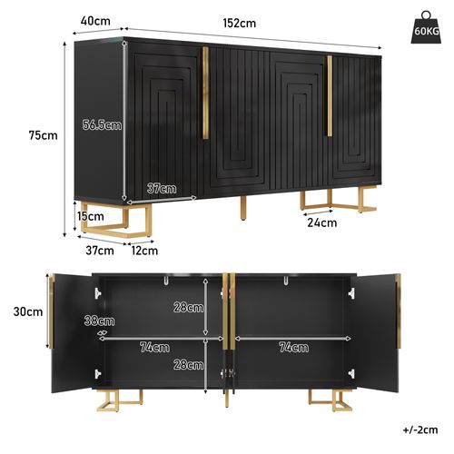 Buffet Bas 152x40x75 Cm, Rangement 4 Portes 4 Compartiments, Mdf, Métal, Poignées Dorées, Noir+doré