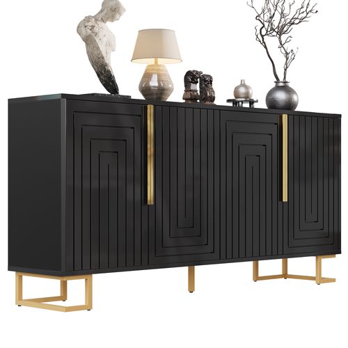 Buffet Bas 152x40x75 Cm, Rangement 4 Portes 4 Compartiments, Mdf, Métal, Poignées Dorées, Noir+doré