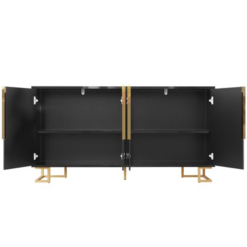 Buffet Bas 152x40x75 Cm, Rangement 4 Portes 4 Compartiments, Mdf, Métal, Poignées Dorées, Noir+doré