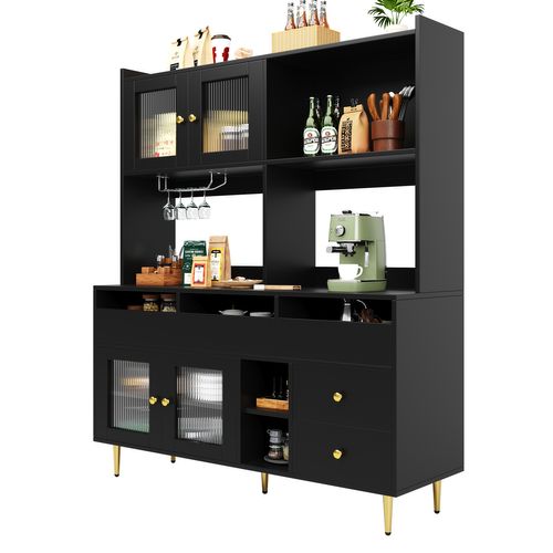 Buffet Haut 145x39x171 Cm, Portes En Verre Changhong, Casier à Vin Intégré, Mdf, Noir+doré