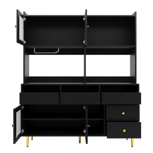Buffet Haut 145x39x171 Cm, Portes En Verre Changhong, Casier à Vin Intégré, Mdf, Noir+doré